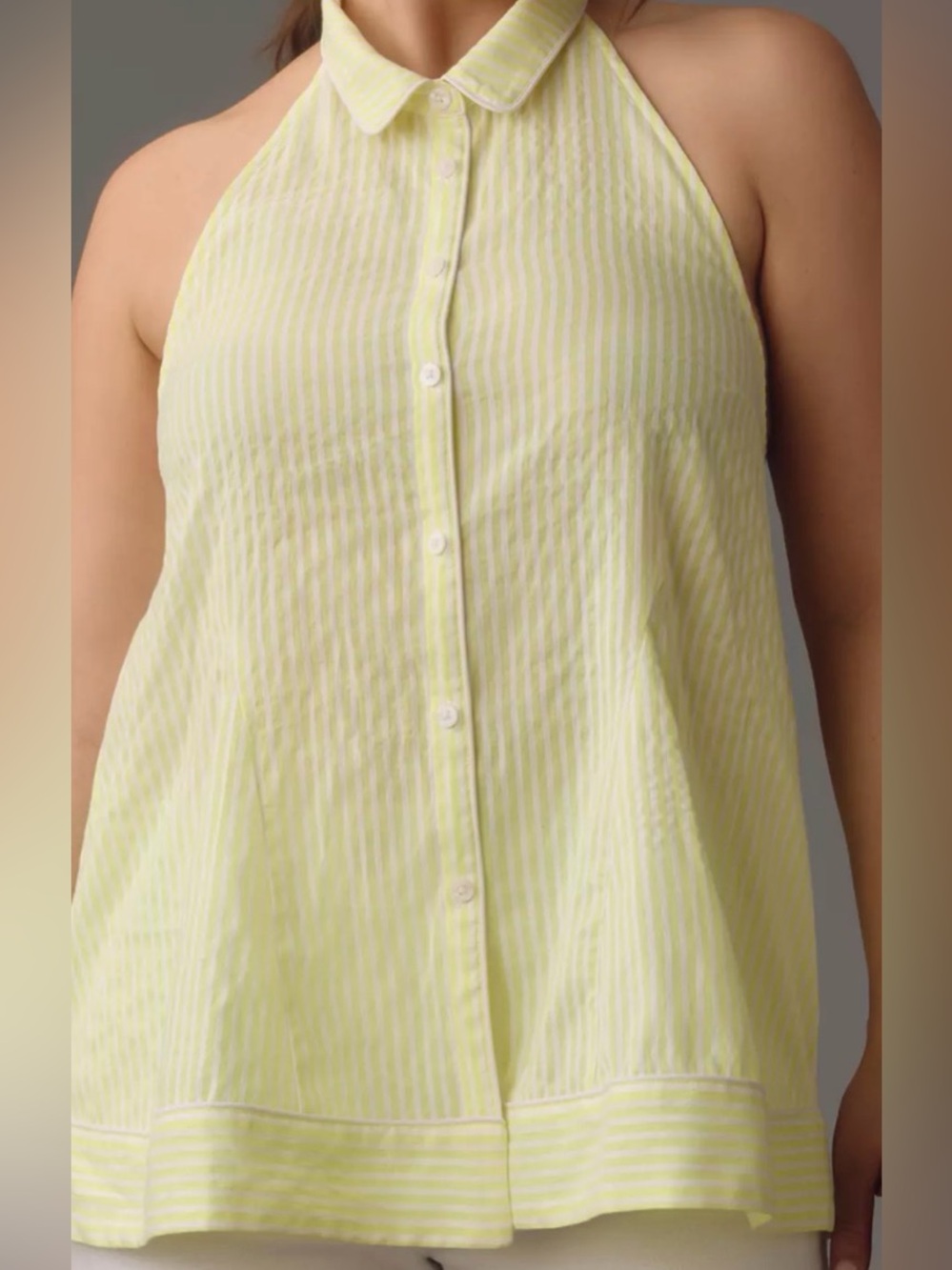 Anthropologie Pale Yellow Striped Halter Button-Front Blouse
